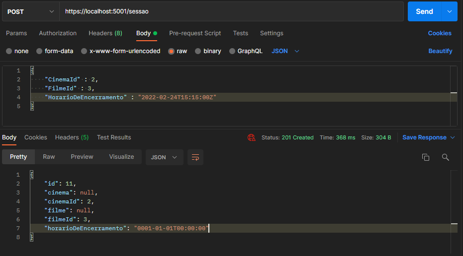 Tela do Postman onde o valor do horário de encerramento do método post é iguinorado