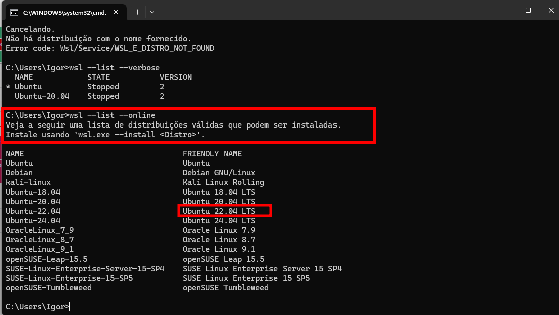 print do cmd com o comando wsl --list --online digitado
