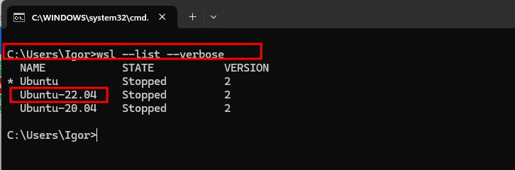 Comando wsl --list --verbose executado e tendo como retorno uma lista de sistemas operacionais instalados, seus estados e versões