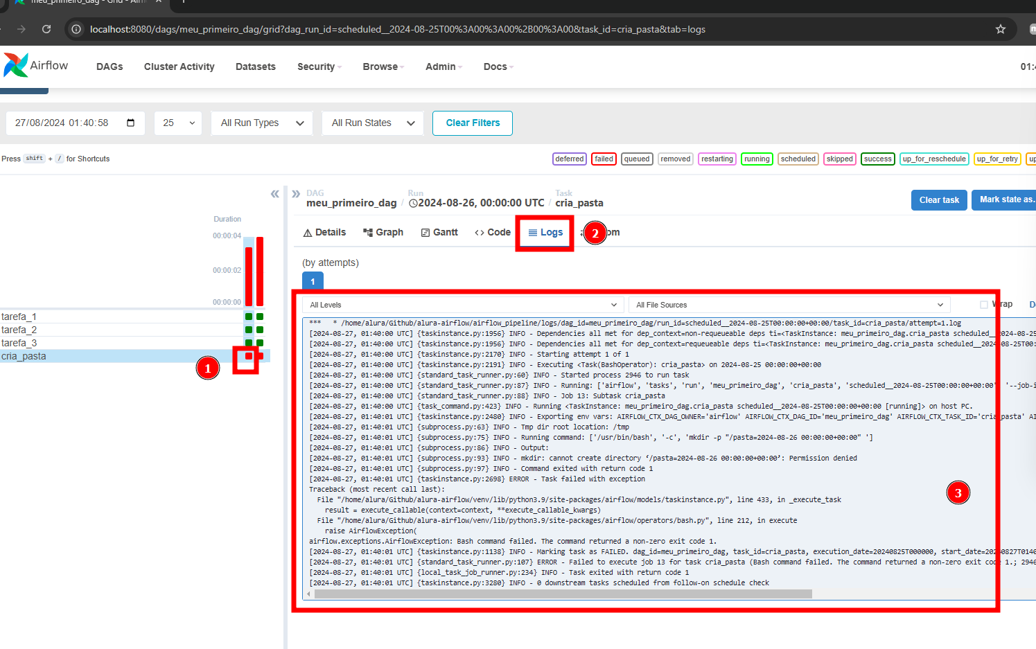 Print da tela do Airflow de execução de DAG, tem três retangulos vermelhos destacando partes da dela. o primeiro destacando a task que está dando erro, o segundo a aba Logs da Task e o ultimo o Log da task