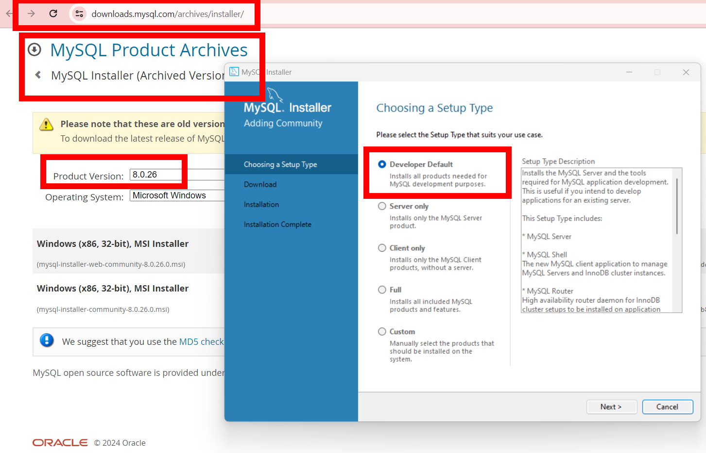 Imagine da pagina de downloads de versões antigas do MySQL, destacando a URL e o campo de seleção da versão. O programa de instalação do MySQL também está destacando a opção de desenvolvedor