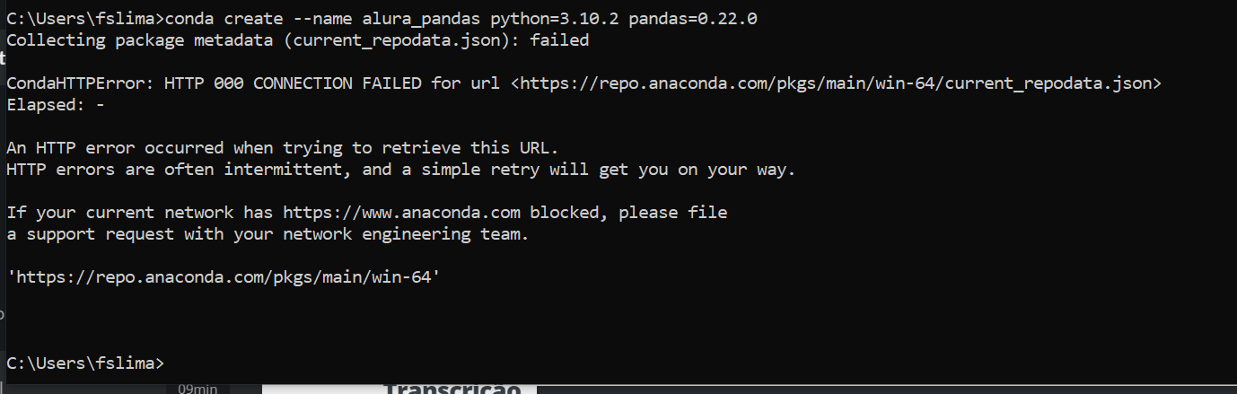 Erro no conda create ao executar no prompt