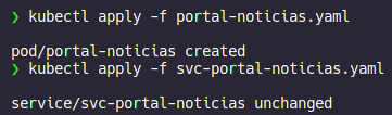 Terminal com a saída de 2 entradas do comando kubectl apply -f nome-do-arquivo-yaml