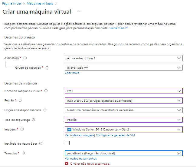 problema com a criação de virtual machine