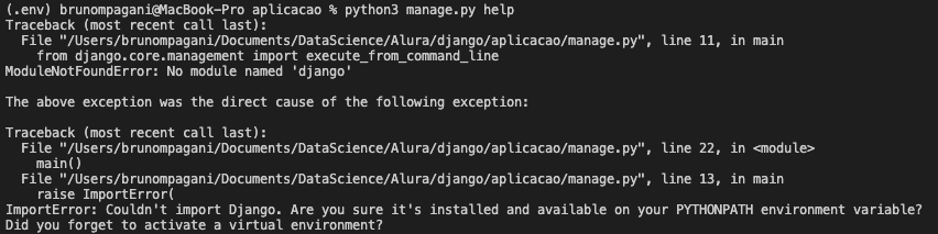 Imagem do erro Couldn't import Django 
