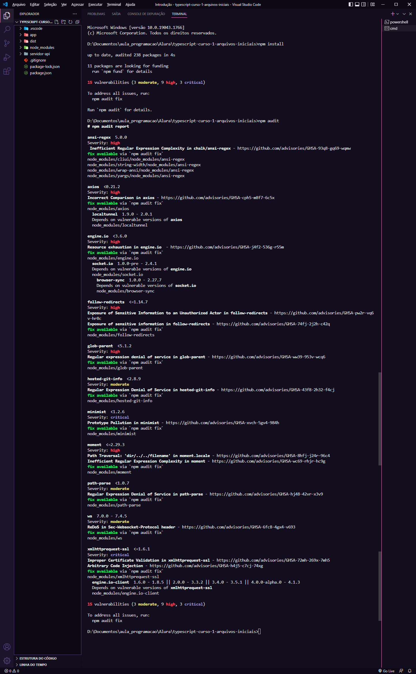 quando dou o comando npm install, ele acusa essas vulnerabilidades