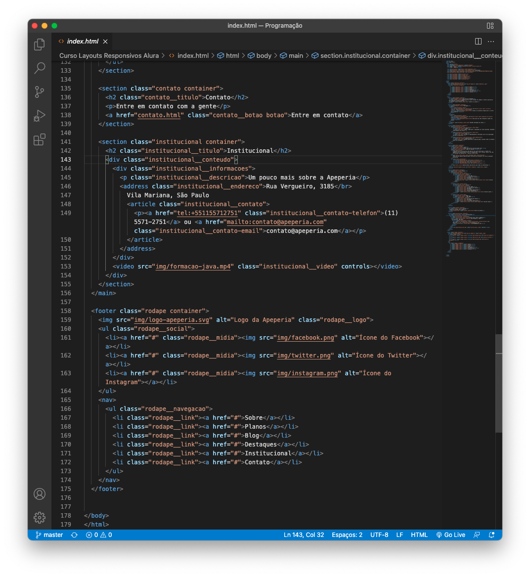 VSCode mostrando o código index.html na parte institucional do site