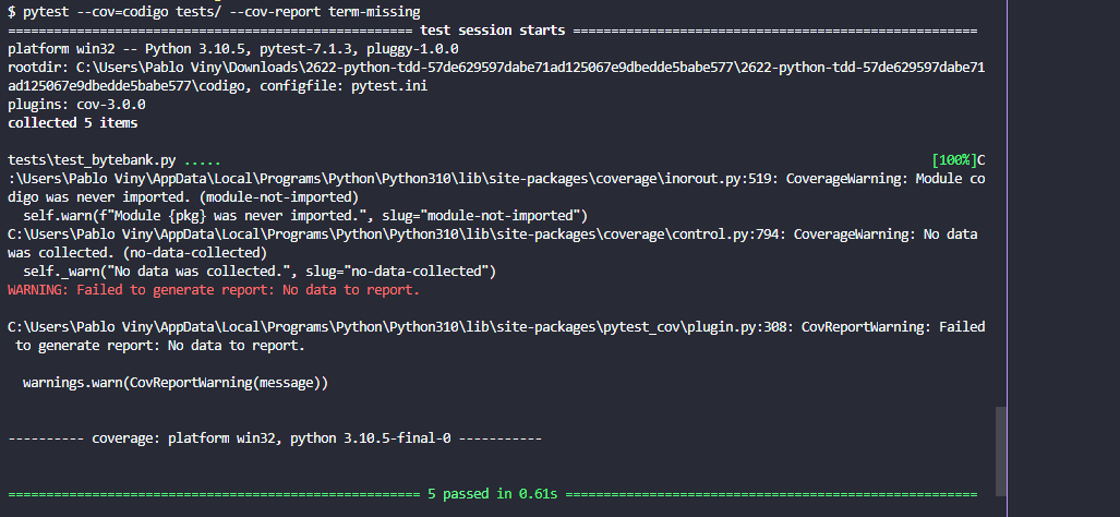 Se eu escrever apenas "pytest --cov=codigo tests/ " da o mesmo erro