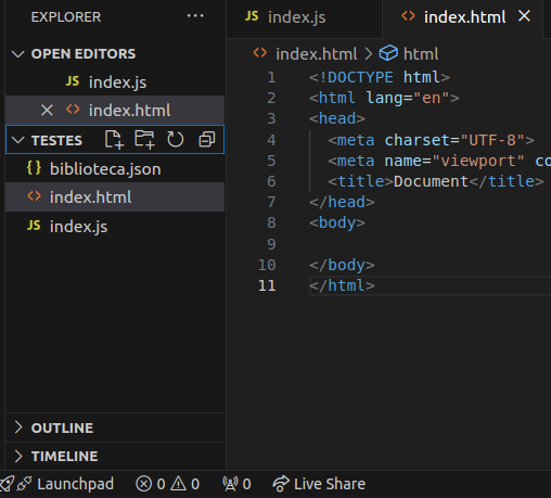 print do VSC mostrando o explorador de arquivos com a pasta "testes" aberta e um arquivo index.html aberto na lateral direita