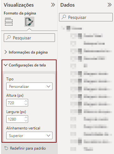 Imagem que mostra a opção de personalizar a dimensão do dashboard