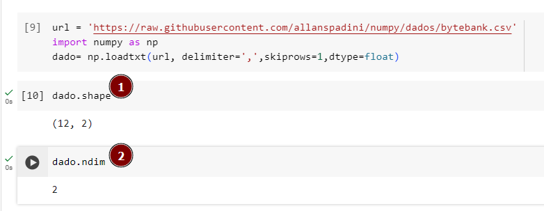 Imagem do código que foi dado de exemplo e dos retornos de shape e ndim