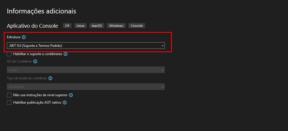 Escolhendo a versão .net 9.0