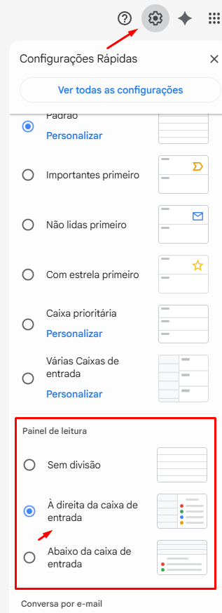 Captura de tela do menu de Configurações Rápidas do Gmail em português. No topo, uma seta vermelha aponta para o ícone de engrenagem. Abaixo do botão Ver todas as configurações, há uma lista de opções para o tipo de caixa de entrada.
