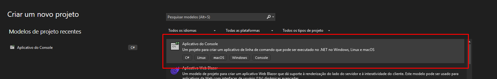 Escolhendo aplicativo de console