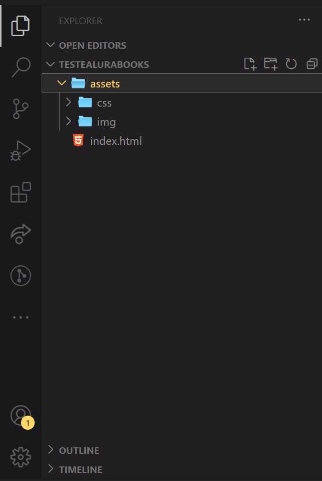 imagem do vscode focando na pasta explorer onde estão os arquivos do curso começando com  a pasta assets e dentro dela está a pasta css e img e na raiz do projeto fora de pastas está o index.html 