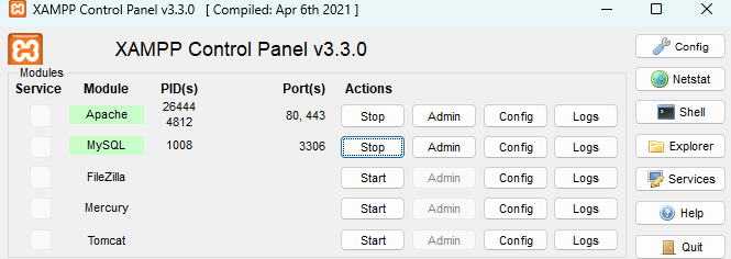apache e mysql rodando