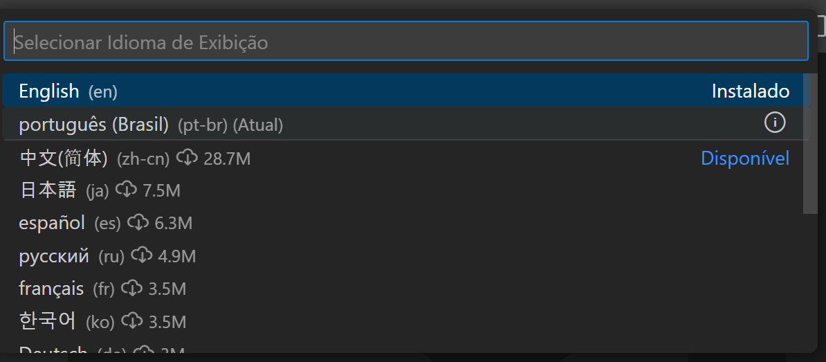 Tela do VSCODE mostrando as opções de idiomas