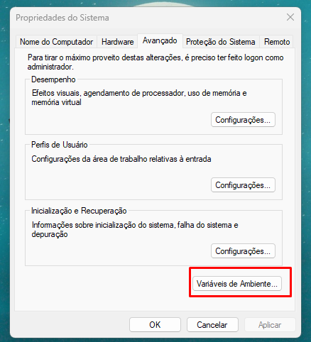 Variáveis de ambiente botão