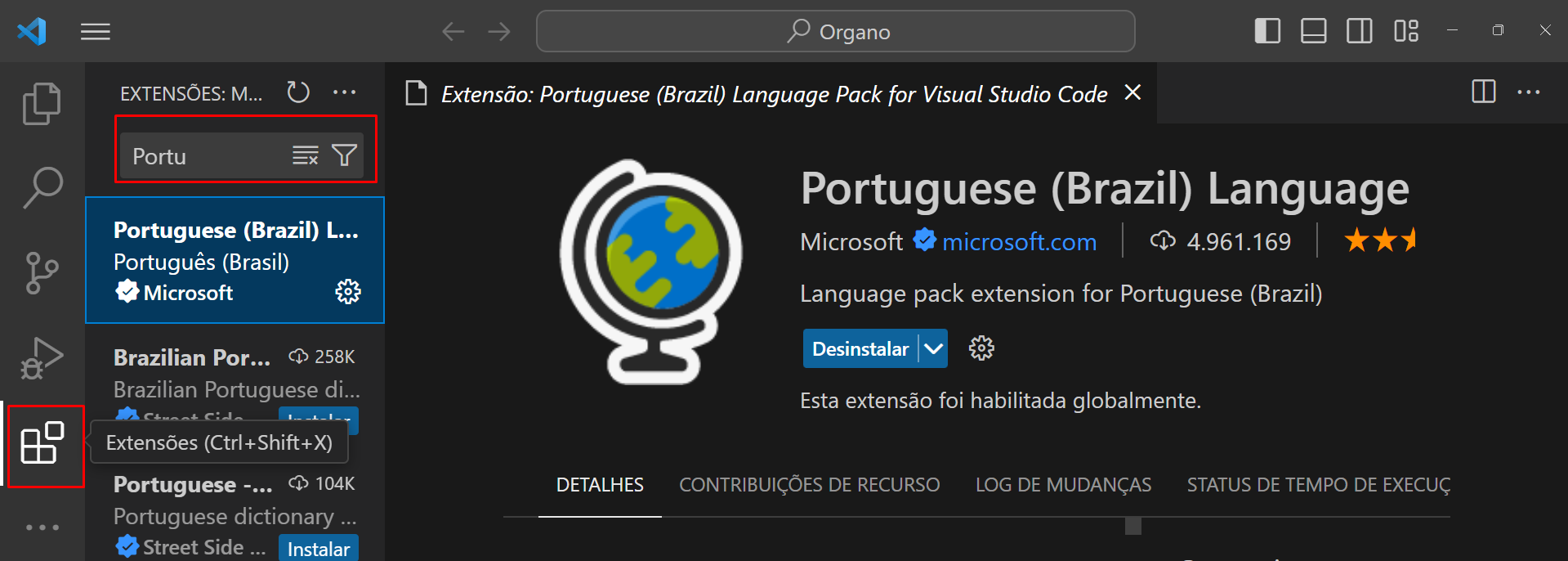 Tela de pesquisa de extensões do VSCODE