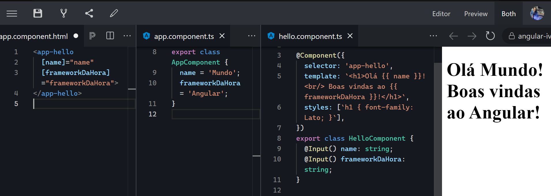Imagem do stackblitz - editor de código, com três arquivos abertos e a tela do navegador com as frases: Olá Mundo! Boas vindas ao Angular!