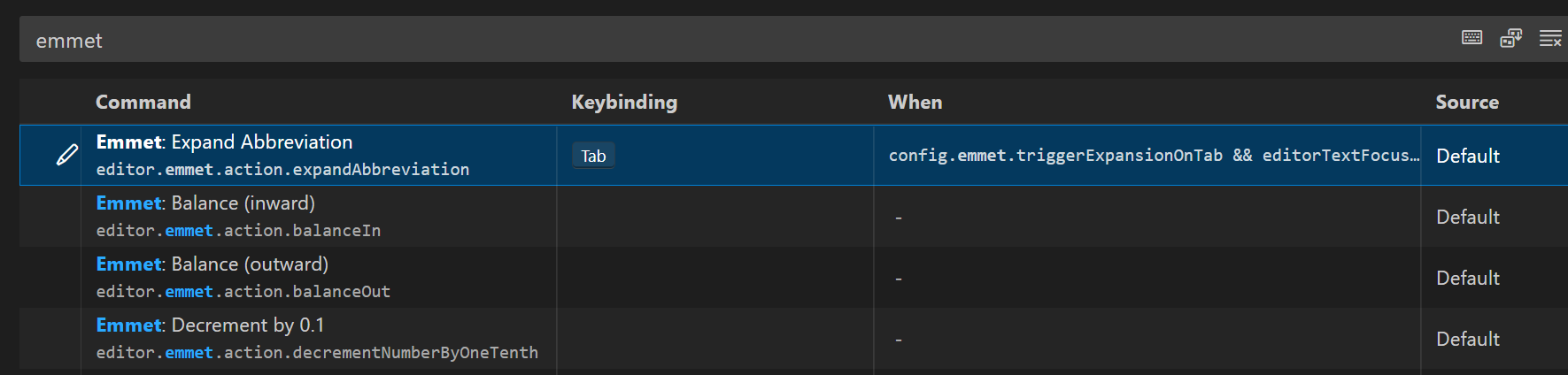 Tela mostrando os atalhos do vscode quando a caixa de pesquisa está preenchida com o nome Emmet