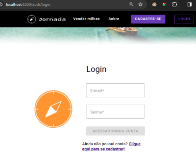 Print do navegador mostrando a página de login da aplicação Jornada Milhas em localhost:4200//auth/login