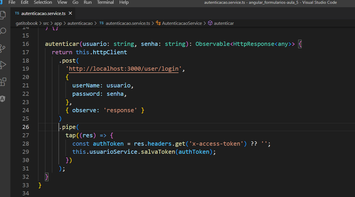 Arquivo autenticacao.service.ts aberto no vscode