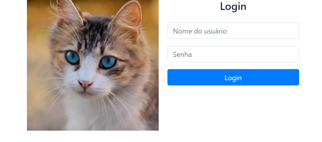 Tela inicial da aplicação Gatitobook, com a imagem de um gatinho de olhos azuis à esquerda e à direita, o nome Login e dois campos de input abaixo, um para digitar o nome e outro para digitar a senha, além de um botão azul escrito Login.