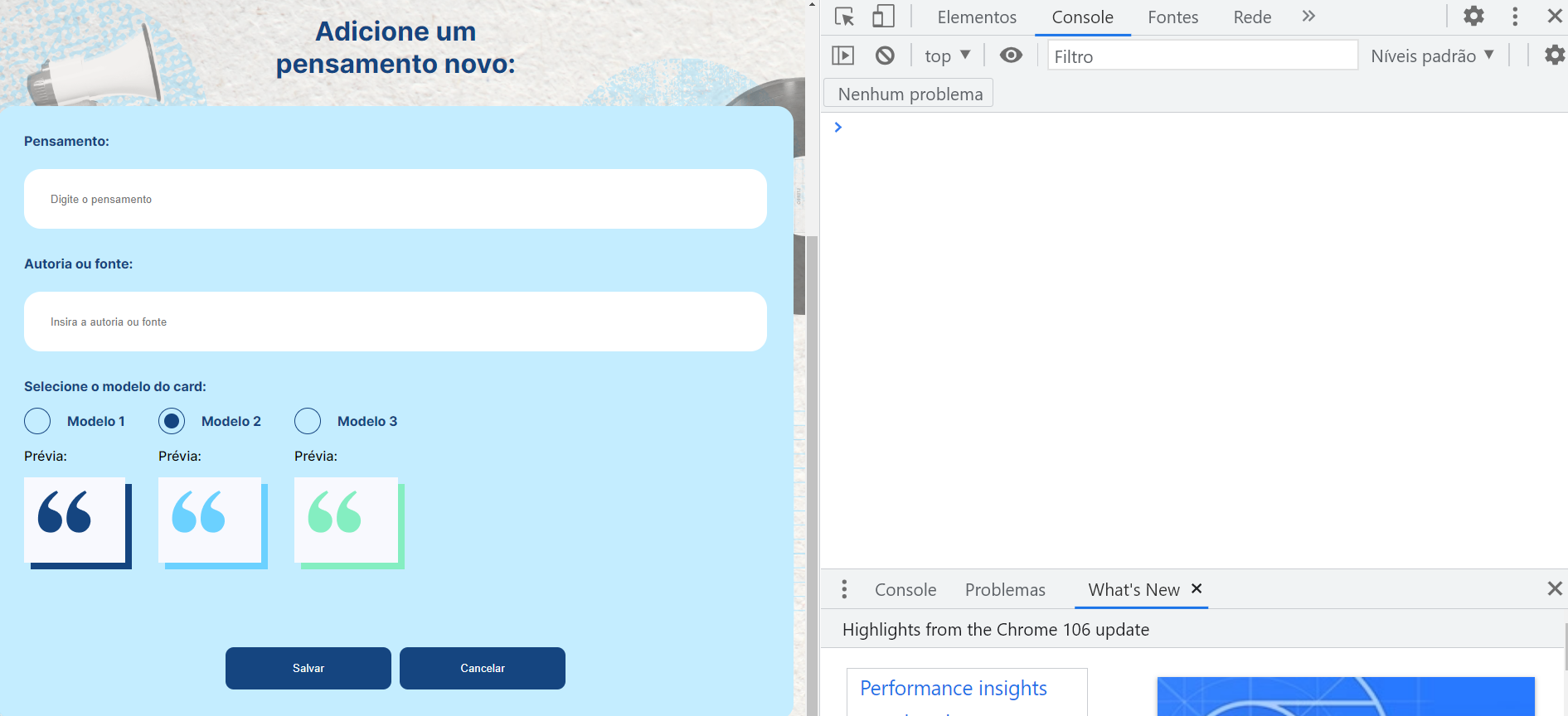 Tela inicial da aplicação Memoteca, com os campos de pensamento e autoria vazios e o modelo 2 selecionado.