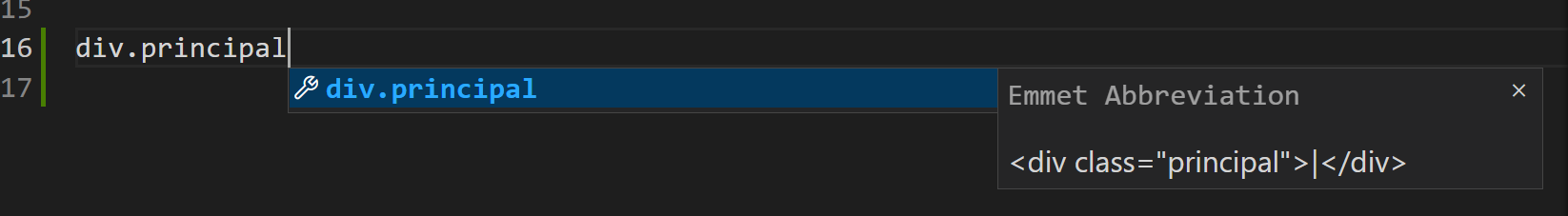 Editor de textro Visual Studio Code com o texto div.principal e uma caixa de texto do plugin emmet abreviation