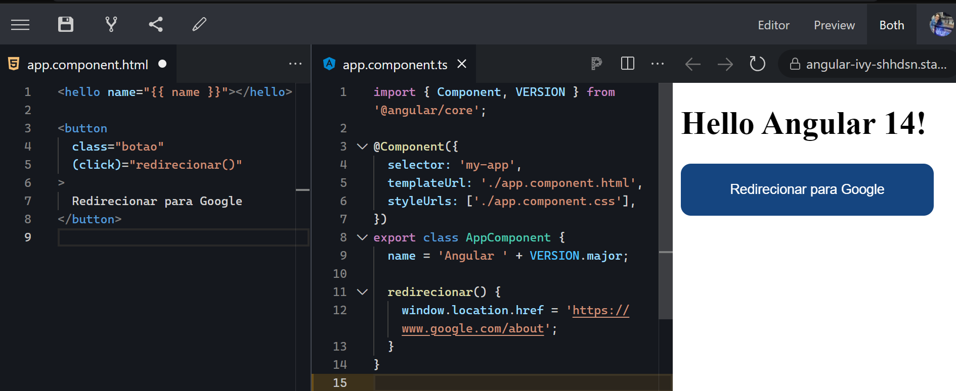 Imagem do stackblitz mostrando dois arquivos de código abertos e a tela do navegador com o título "Hello Angular 14" e um botão azul escrito "Redirecionar para Google"