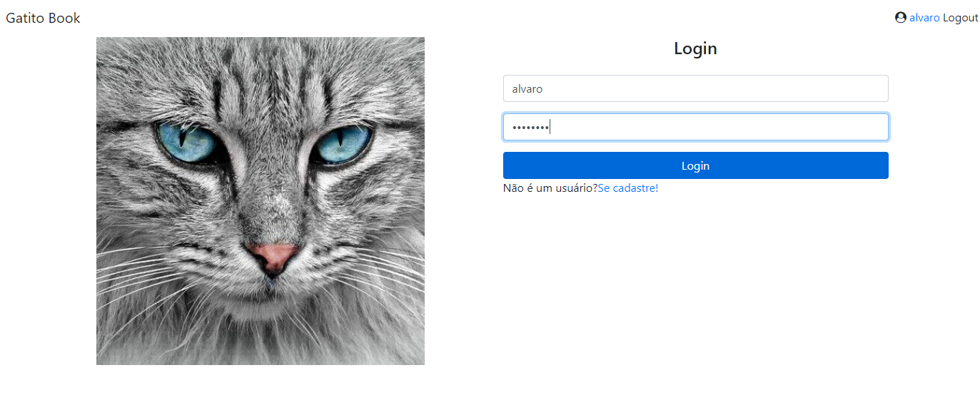 Página inicial da aplicação Gatitobook, foto de um gato e formulario para login e senha