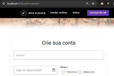Print do navegador mostrando a página de cadastro da aplicação Jornada Milhas em localhost:4200//auth/cadastro