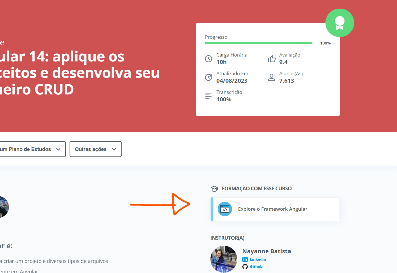 Print da tela inicial do curso de angular 14. Há uma seta vermelha indicando um card clicável com o nome da formação à qual o curso faz parte