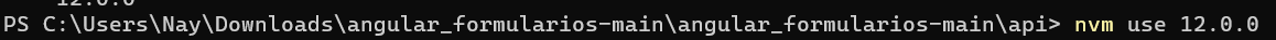 Imagem do cmd do windows com o comando nvm use 12.0.0