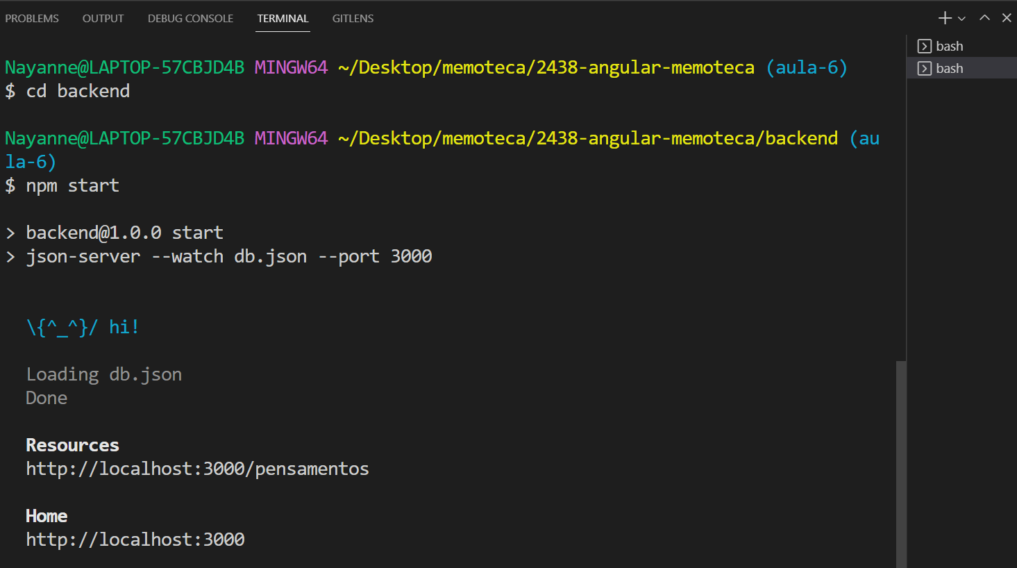 Print do terminal do VS Code aberto acessando a pasta backend com o comando 'cd backend' e executando a API com o comando 'npm start'