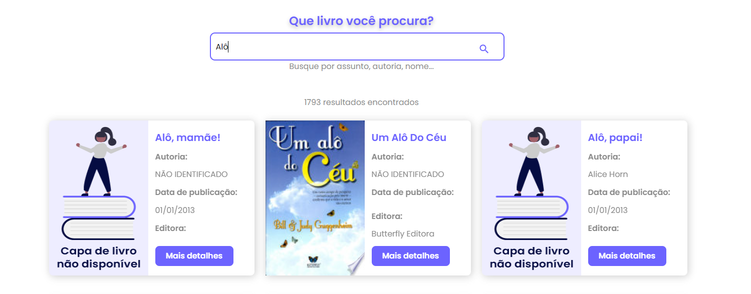 Aplicação Buscante - buscador de livros com o campo de busca preenchido pelo termo Alô e três cards de livros abaixo, com os resultados correspondentes ao termo da busca.