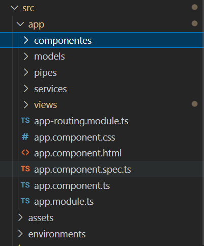 Imagem do vs code mostrando parte da estrutura de um projeto angular