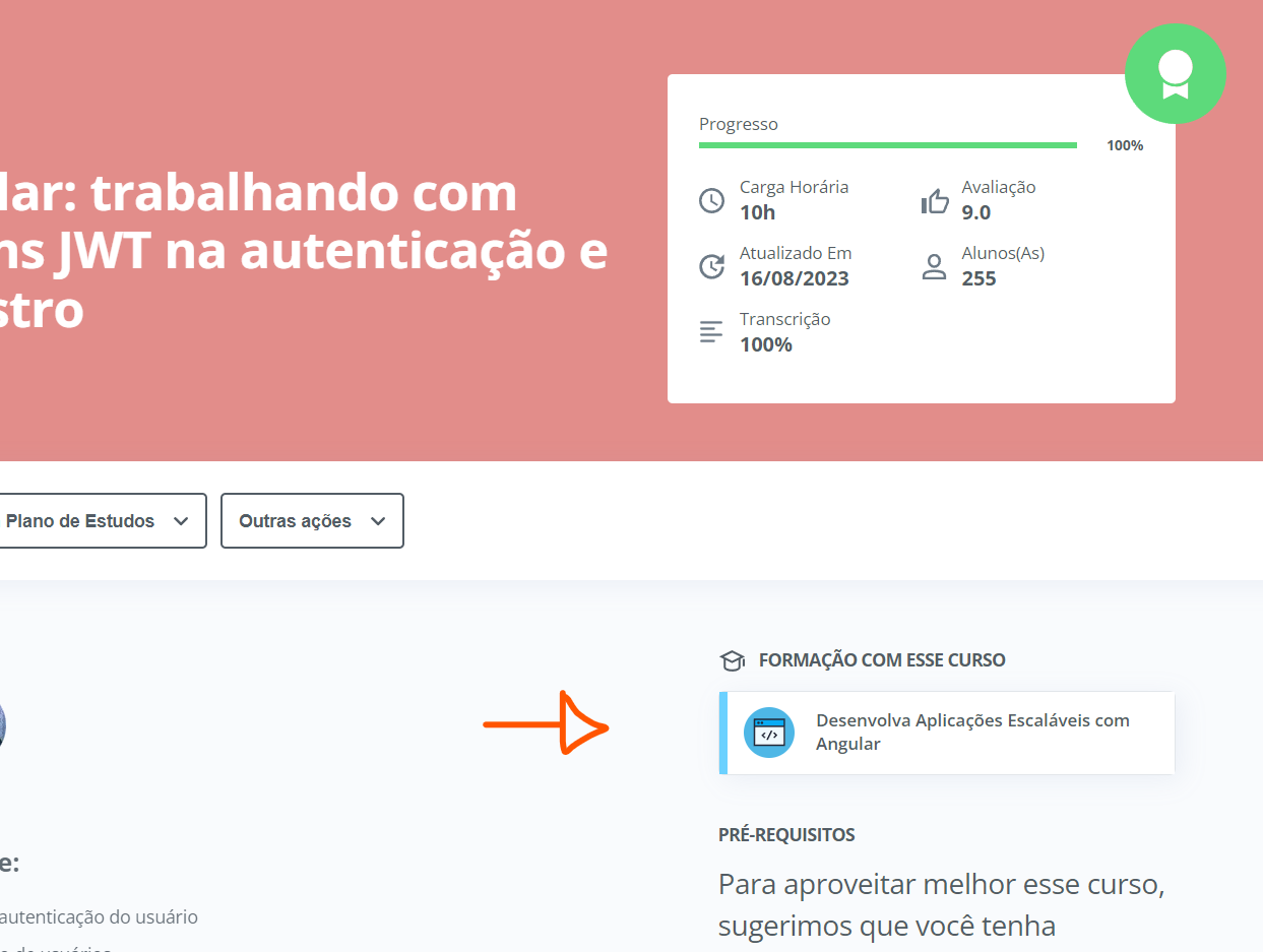 Print da tela inicial do curso sobre autenticação com JWT. Há uma seta vermelha indicando um card clicável com o nome da formação à qual o curso faz parte