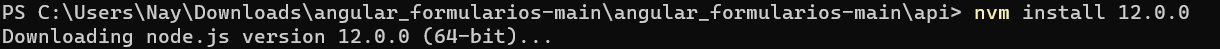 Imagem do cmd do windows com o comando nvm install 12.0.0