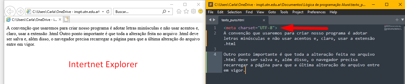 A imagem mostra duas janelas> A da esquerda o Internet Explorer aberto com o texto com acentuação e a da direita, o Sublime Text que mostra o texto com a tag meta charset UTF-8