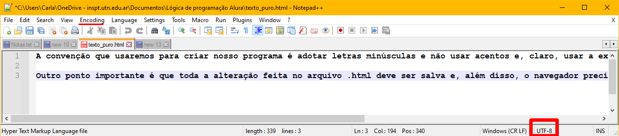 Imagem do arquivo .html aberto no Notepad, destacando no canto inferior direito o encondinf UTF-8