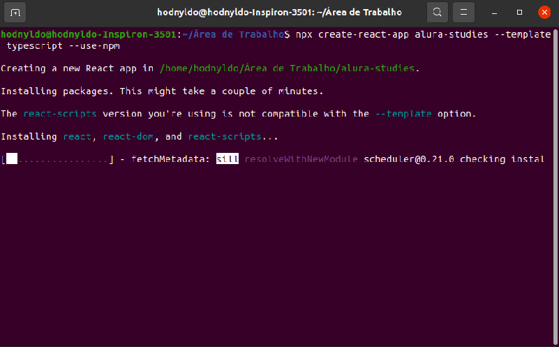 Ao executar o comando, é mostrado na tela que o react-scripts não é compatível a opção --template.