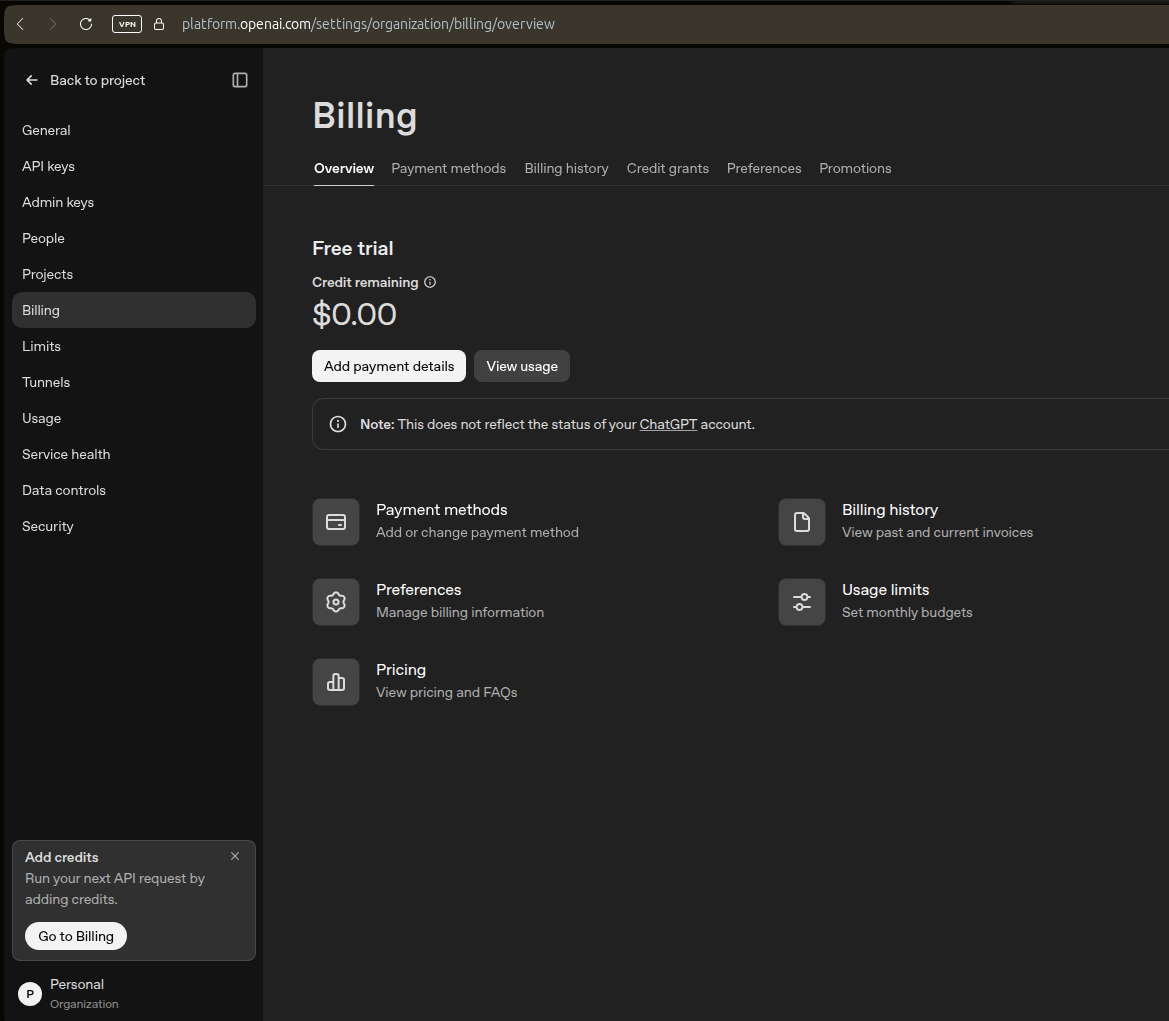 Area de Billing da plataforma OpenAI