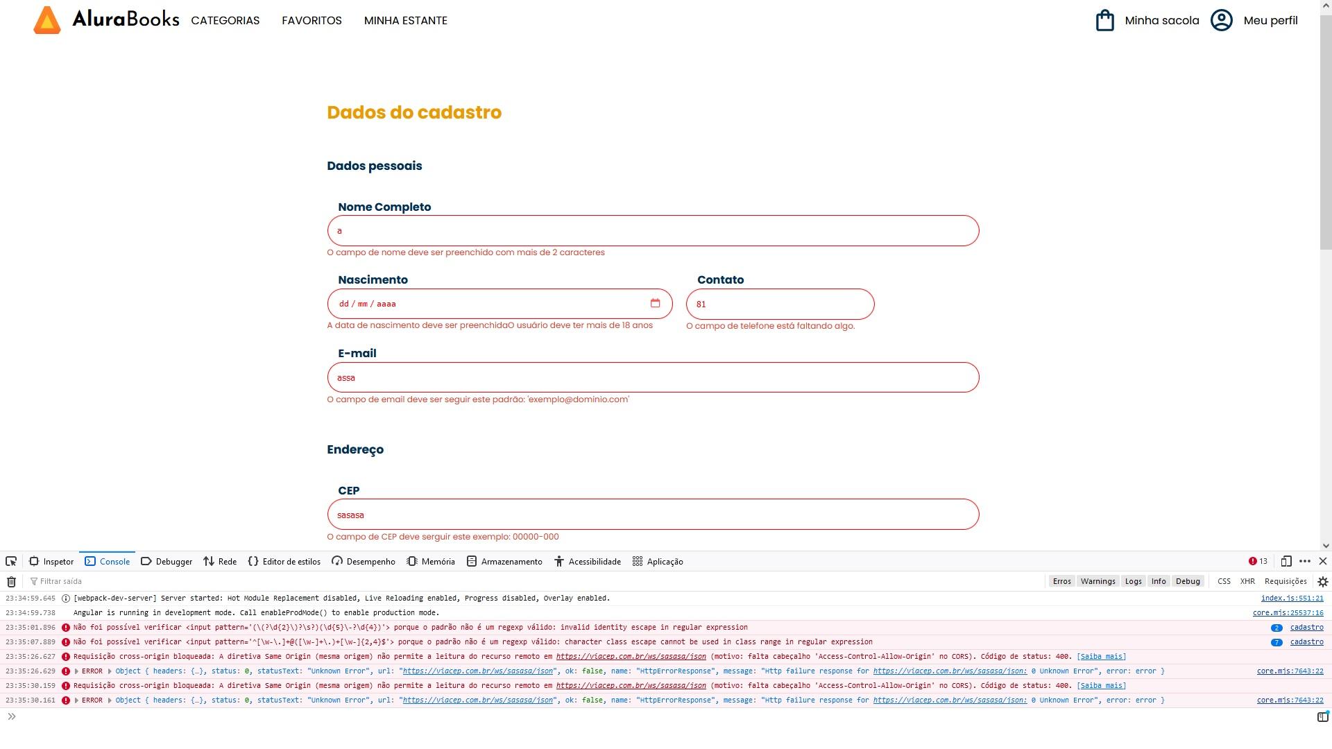 erro no console do projeto de formulários do angular