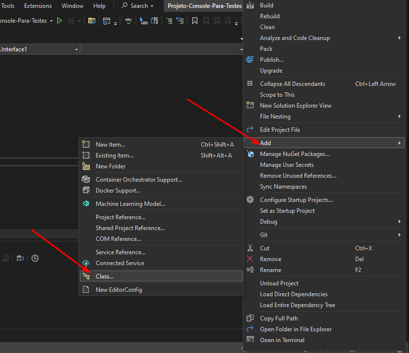 Print do Visual Studio destacando a opção de adicionar uma nova classe ao projeto