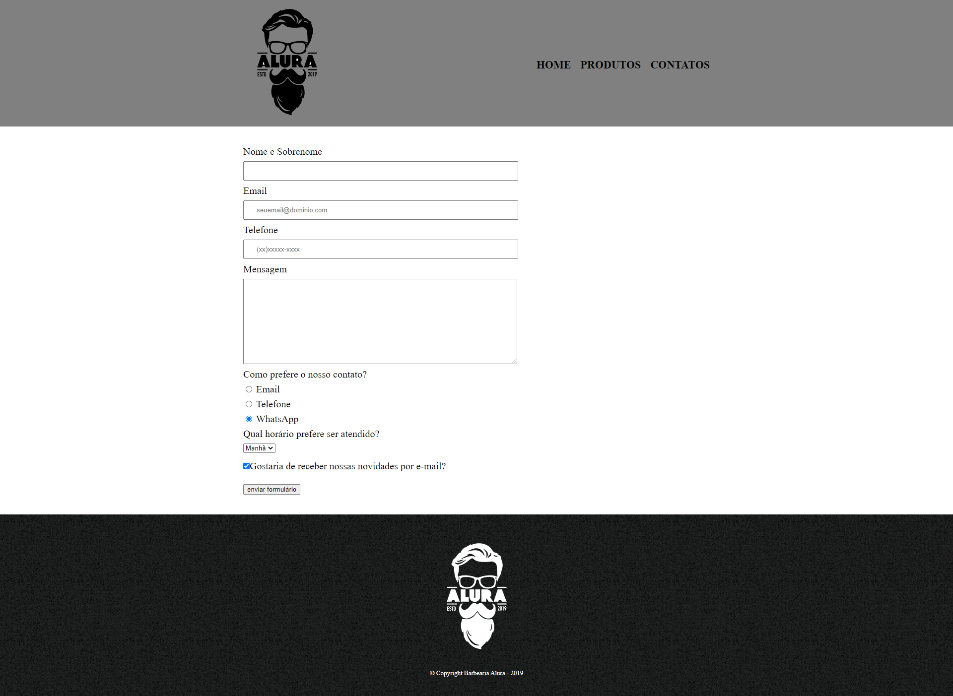 Projeto da Ana página de contato do site da barbearia com cabeçalho, formulário e rodapé.