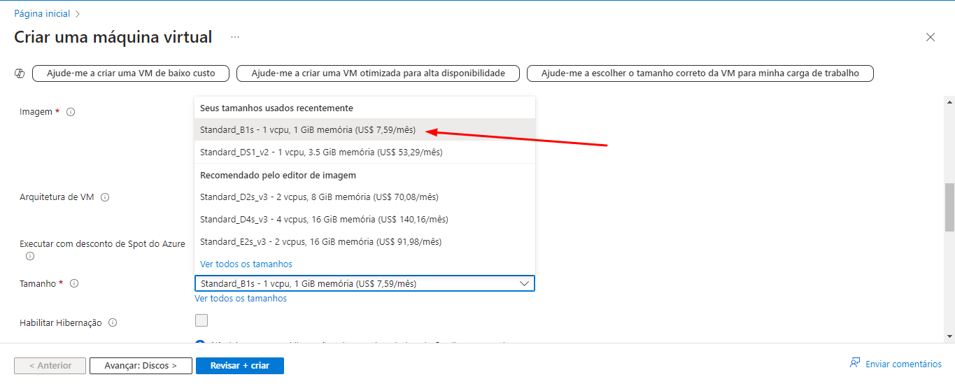 Print do Portal do Azure na etapa de colocar as informações da VM, escolher tipo de máquina, arquitetura etc, destacando as opções de tamanhos