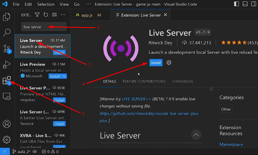 Print da tela inicial do VSCode destacando as extensões e instalação do Live Server