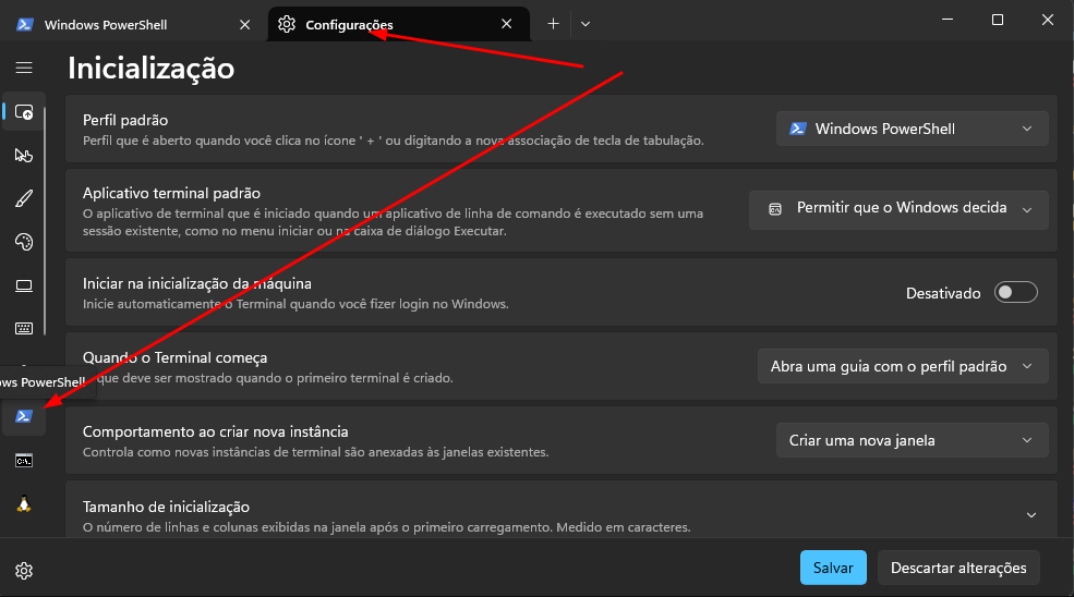 Print da tela do PowerShell terminal na aba de configuração destacando o ícone do PowerShell